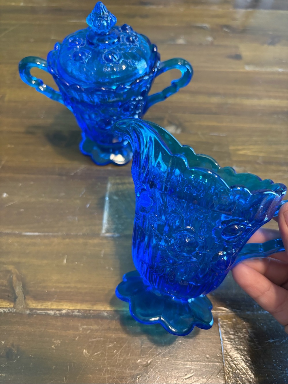 Vintage Fenton Cobalt Blue Cabbage Rose Set Creamer & Sugar Bowl With Lid
